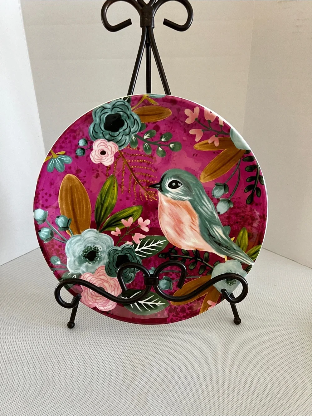 Pier 1 Imports Dolomite Ceramic Salad Plate Bird & Flowers Details Magenta 8.5”